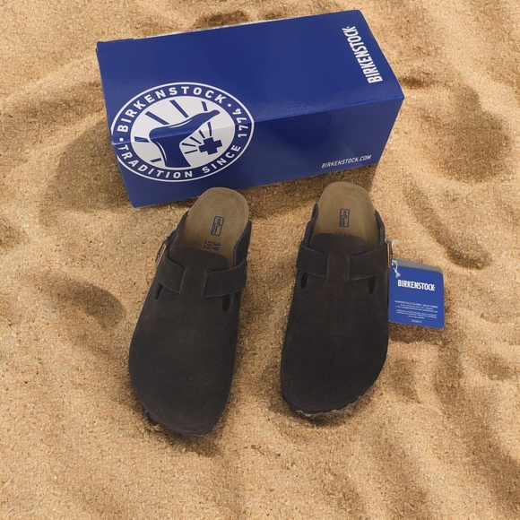 Birkenstock Boston Mocha Suede Mules - Narrow Fit - Picture 1 of 6